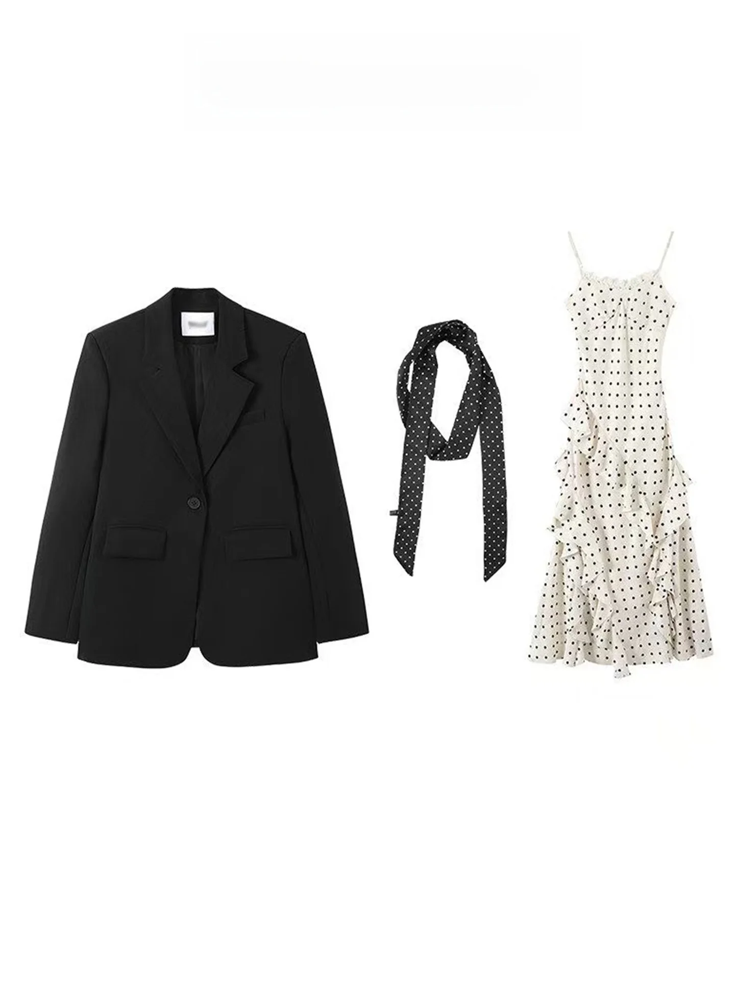 

Black Polka Dot Dress Suit Set Women's Spring Summer Slimming Commute High End Feeling Long Skirt Ensemble Breathable Long Sl...