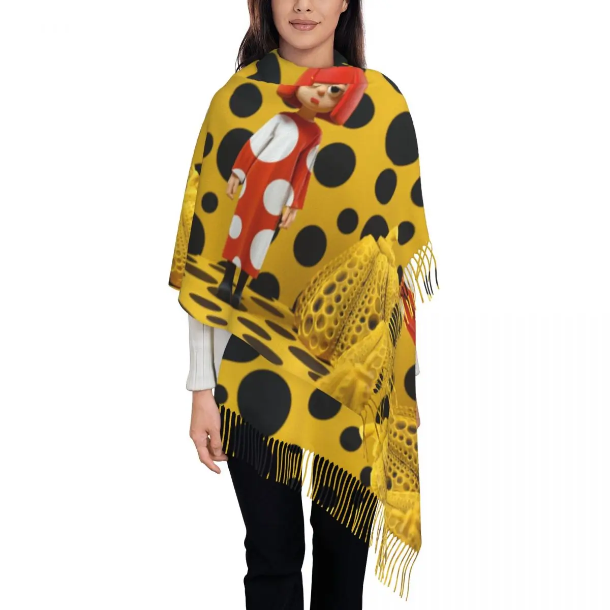 Stylish Yayoi Kusama Polka Tassel Scarf Women Winter Warm Shawls Wraps Lady Pumpkin Scarves