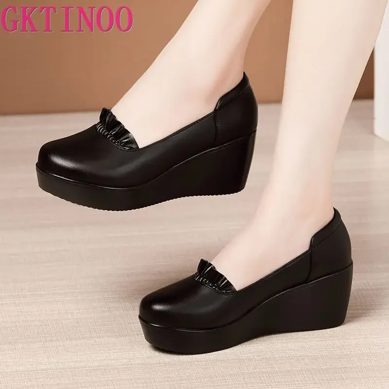 YAERNI Round head middle ages women shoes wedge heel office shoes women high heels platform ladies heels