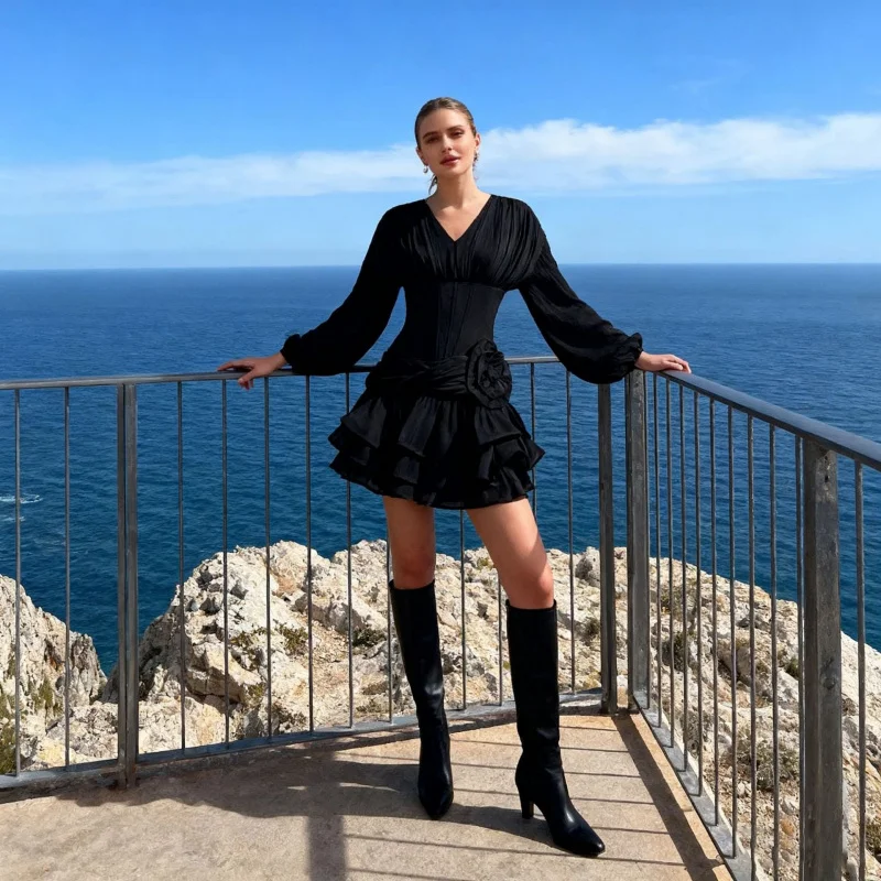 

French-style High-end Socialite2025NewVCollar Puff Sleeve Three-Dimensional Flower Ruffle Short Dress