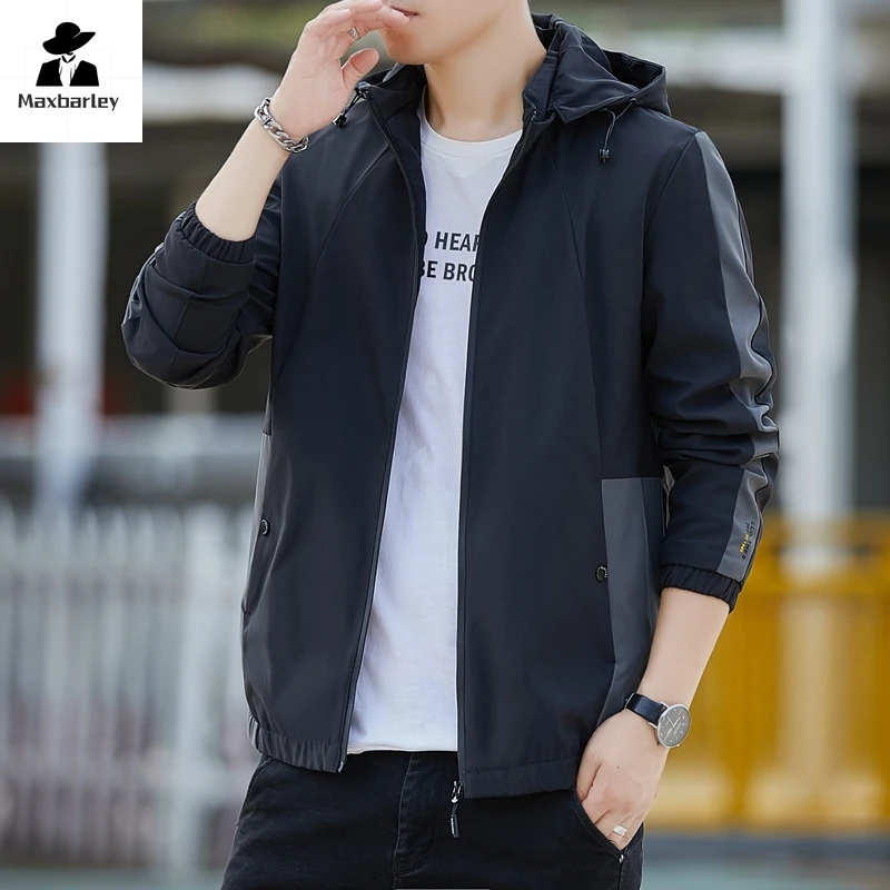 

2025 New Arrival Spring Jacket Men's Casual Loose Sports Windbreaker Jackets Fashion Outdoor Travel Camping Splicing Hooded Coat