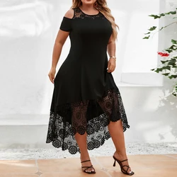 Kobiety Seksowna Sukienka Plus Size 5XL Moda Solidna Okrągła Szyja Koronkowa Panel Krótki Rękaw Sukienka Ponadgabarytowa Damska Sukienka A-Line Duży Rozmiar