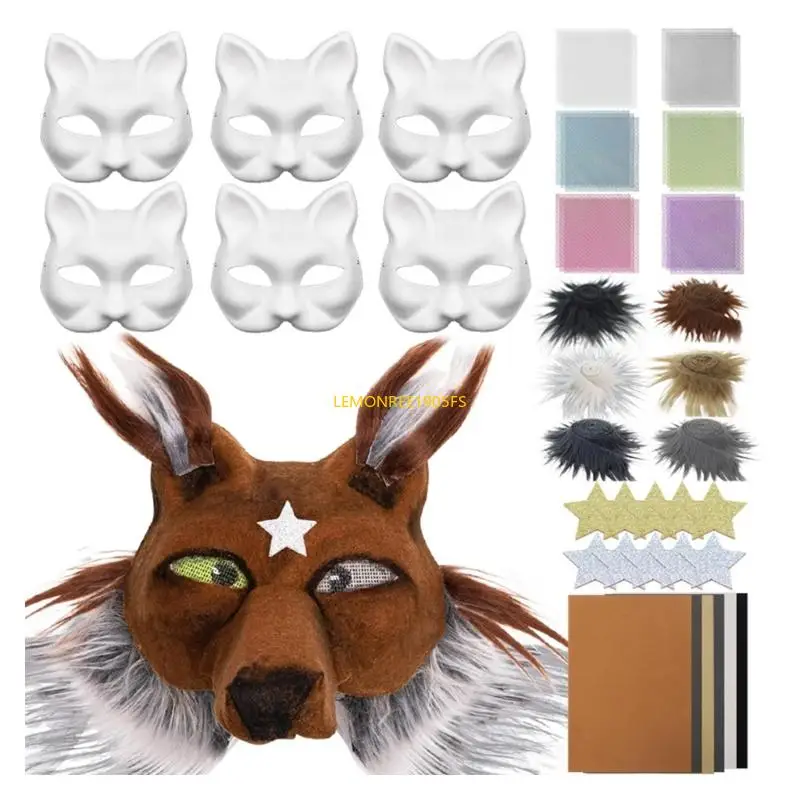 

DXAE 6Pcs Cats Face Mask Unpainted Masquerades Mask Set with Eye Mesh Furry Trim