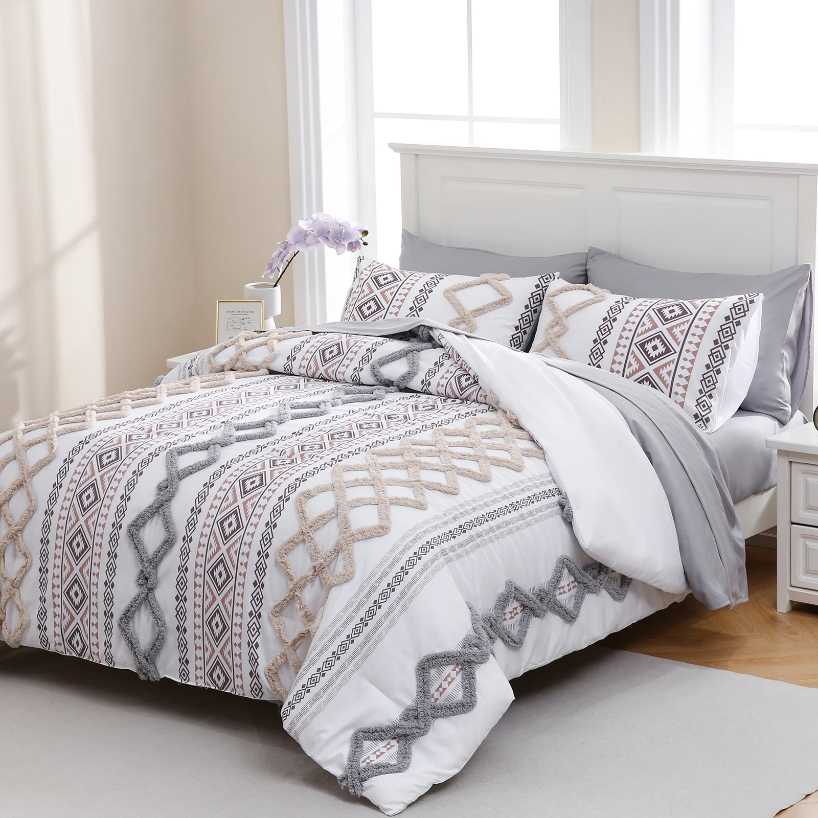 Tufted Comforter Set King Size 7 Pieces Boho Comforter Set 100% Soft Microfiber Aztec Comforter Set Shabby Chic Farmhouse Style Beige and Gray Fluffy Tufted Bedding Set