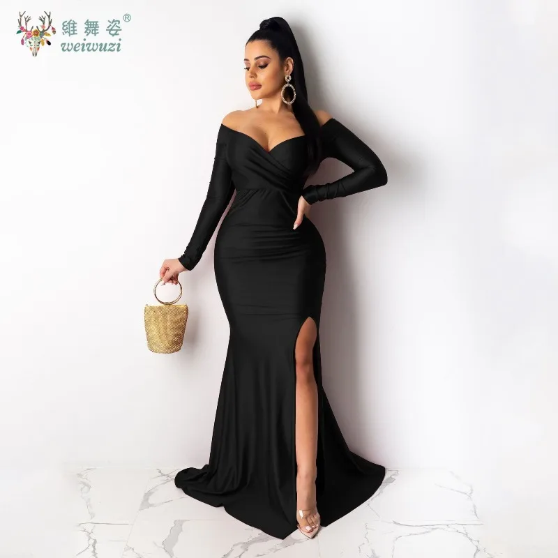 가을 오프숄더 V넥 롱 슬리브 하이 사이드 이브닝 드레스 타이트핏 사이드 슬릿 새틴 머메이드 나이트 클럽 볼 가운