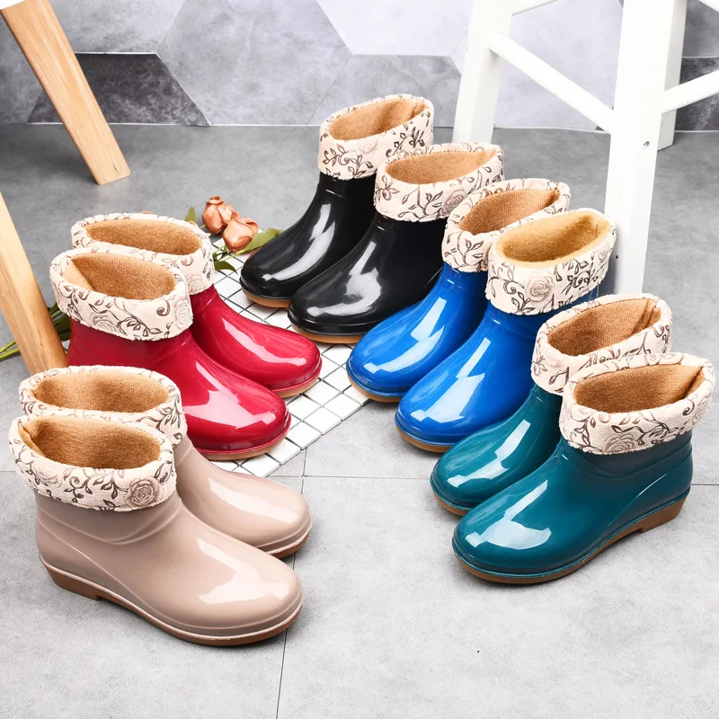 Women Ankle Rain Boots Waterproof Rubber Shoes Colorful Spring Autumn Ladies Waterproof Slip On Boot Shoes for The Rain No-slip