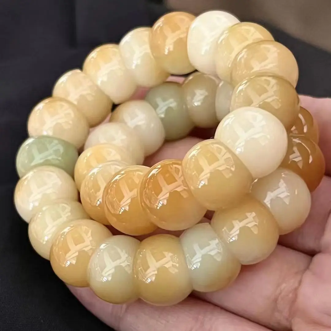 White Jade Bodhi Root Oblique Cut Pig Large Intestine Bracelet Rainbow Two-color Gradient Pig Large Intestine Handstring For Men