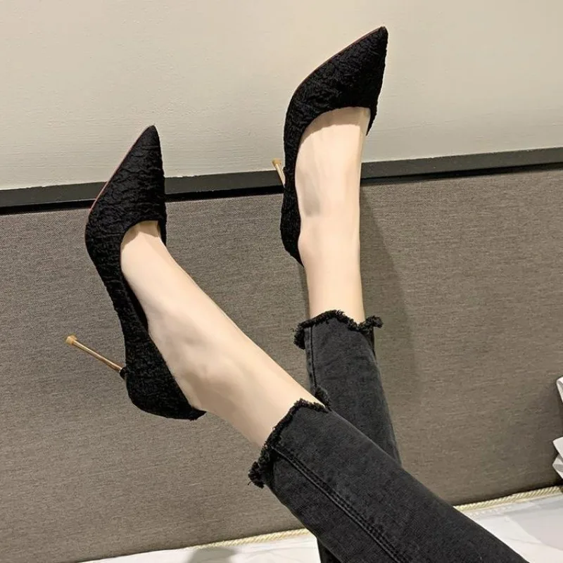 Spring 2024 New Korean Version of High Heels 9 CM Women All-match  Pointed Shallow Stiletto Black White Single Shoes Women Heels