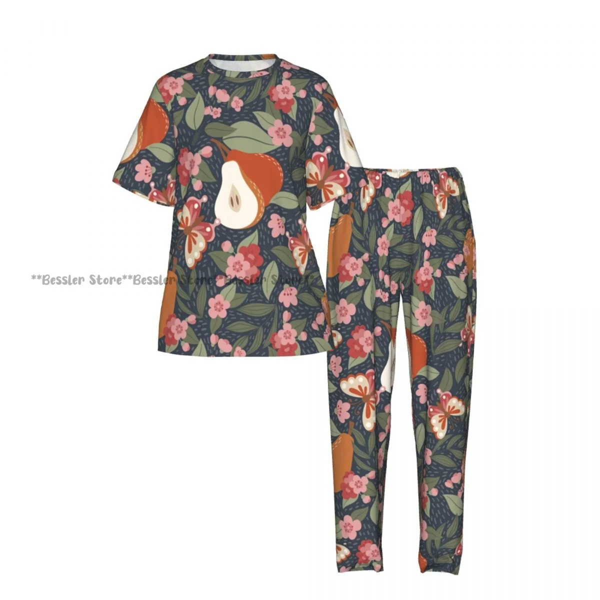 Women Pajama Sets Lounge Sleepwear Fruit Floral Short Sleeve Nightwear