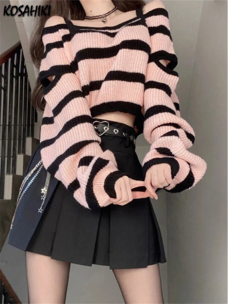 Y2k Aesthetic Harajuku Women Cropped Sweater Fashion Striped Loose Pull Femme Off Shoulder Casual Grunge Knitted  Chandails