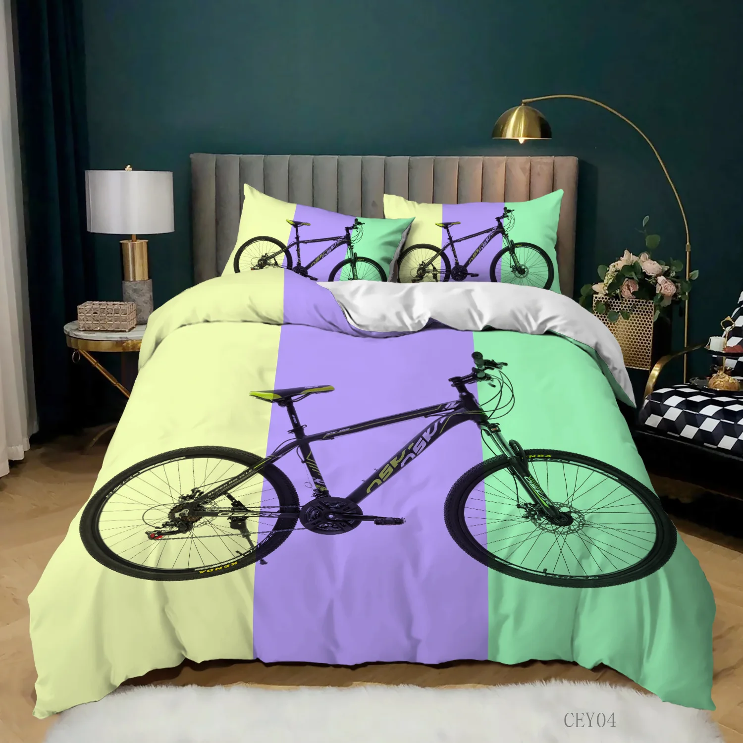 Bicycle Duvet Cover King/Queen Size A Bike Sketch Artwork Quilt Cover Soft Polyester Bedding Set 1/2 Pillowcases Yellow Purple