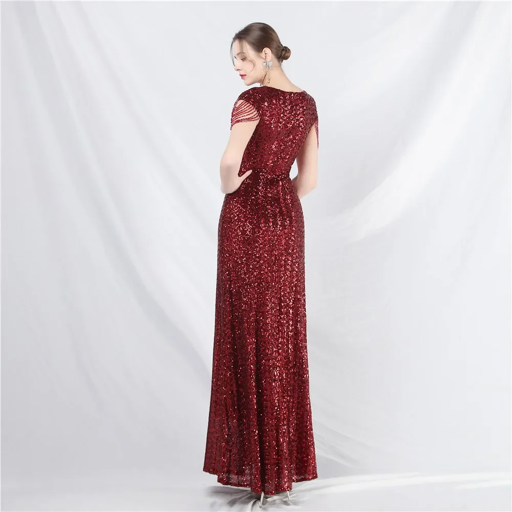 Robe de Soirée Extensible à Paillettes et Perles pour Femme, Tenue de Sirène, Trompent, Col en V, Fermeture Éclair au Dos, Longueur au Sol, Forme Formelle, Quelle que soit YE018