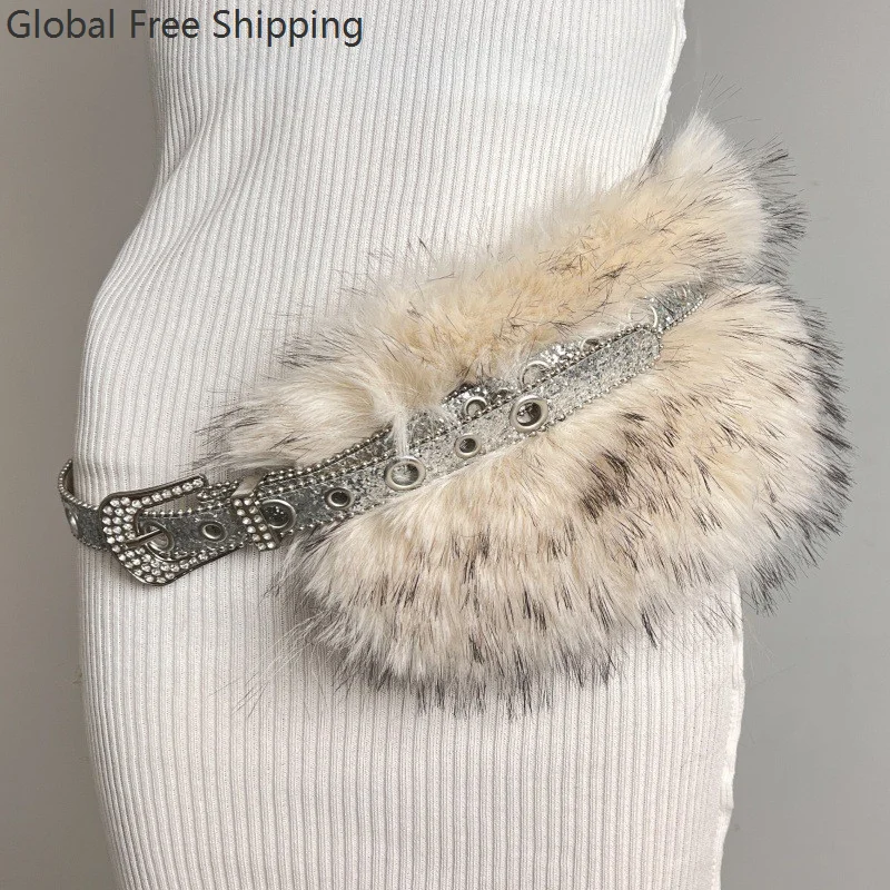 

Ремень из меха со стразами, модный женский блестящий меховой ремень для косплея, новый Y2k, универсальный ремень с пряжкой и ушком, готический ремень для горячих девушек