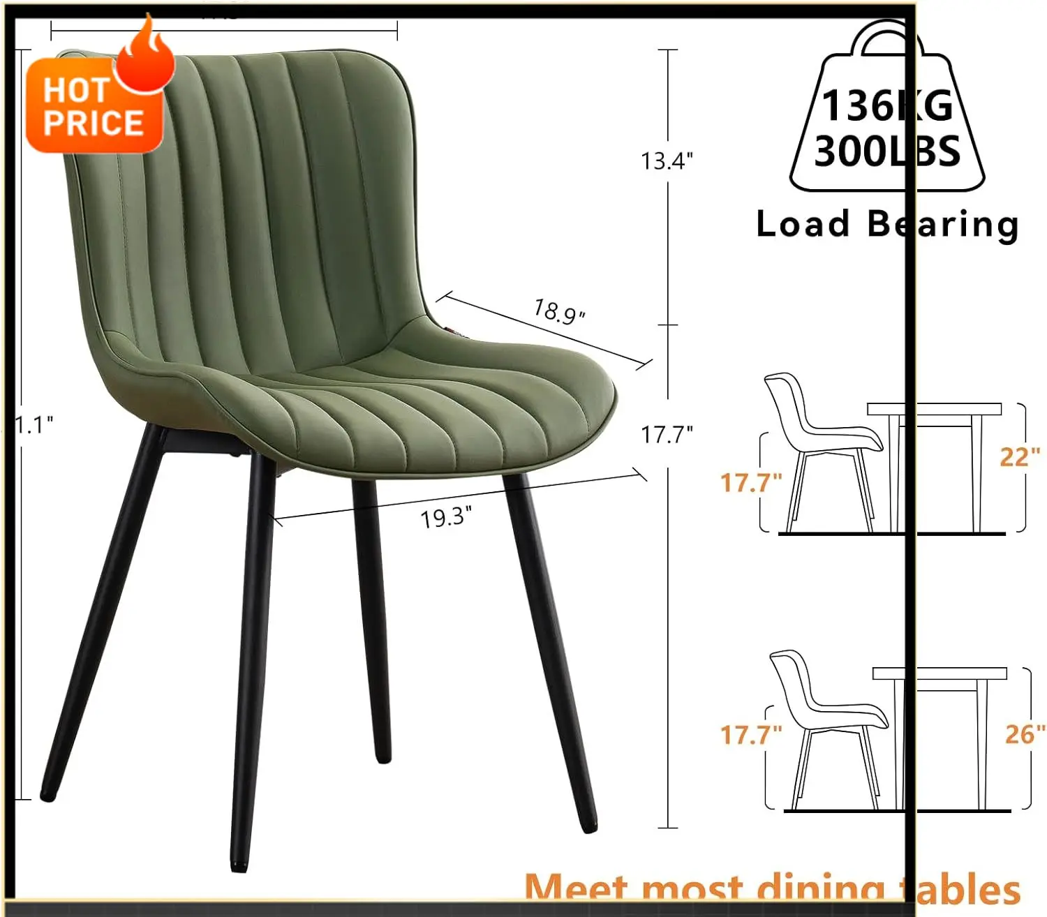 Precio de oferta: Juego de 2 sillas de comedor modernas de mediados de siglo, sillas de cocina tapizadas en cuero sintético verde oliva con patas de metal negro, Ar
