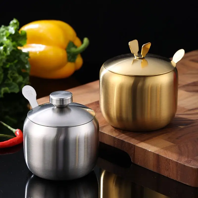 Tarro de condimentos de acero inoxidable para especias, agitador de sal, pimienta, azúcar, caja de almacenamiento de botella con tapa, cuchara,