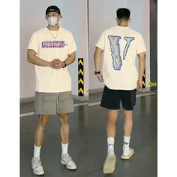 Summer Fashion Heavyweight Retro Men's English Letters 100% Cotton Printed Round Neck High-quality Casual Fitness Street T-shirt