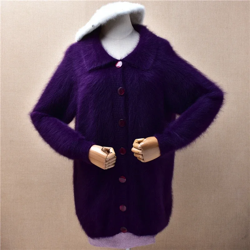 

Ladies Women Autumn Winter Clothing Purple Hairy Mink Cashmere Knitted Turn-Down Neck Loose Cardigans Sweater Jacket Coat Pull
