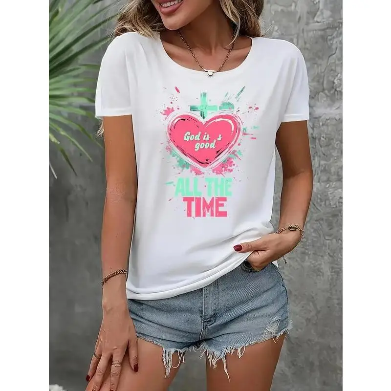 

Women's Christian Graphic T-shirt - 'God Is Good' Heart & Cross Print Crewneck Tee