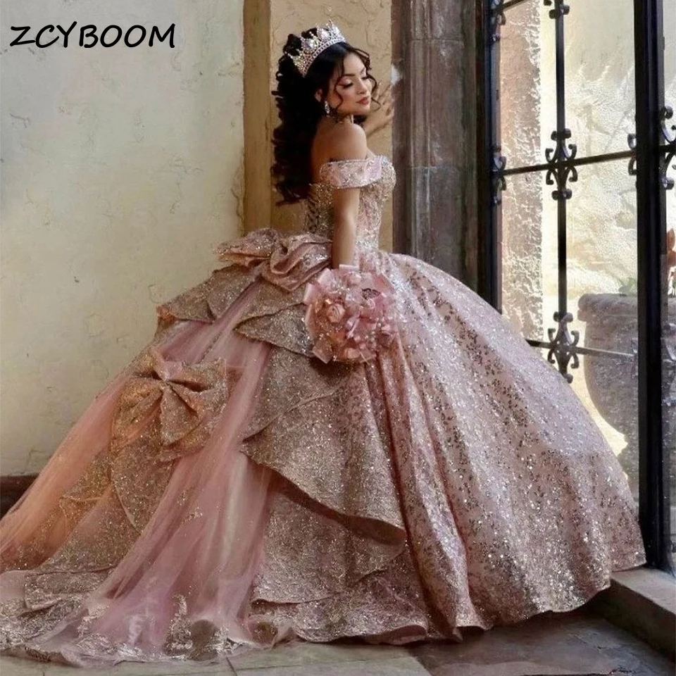 Customized Sparkly Rose Gold Ball Gown Quinceanera Dress With Bow 2024 Sweetheart Applique Bead Party 15 Vestidos De 15 Años