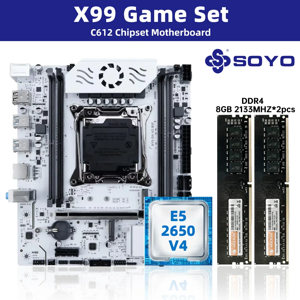 

SOYO White X99 Motherboard Kit with E5-2650 V4 CPU and DDR 2133MHZ 8GB*2=16GB RAM LGA2011-3 C612 Chipset Dual Channel DDR4 M.2