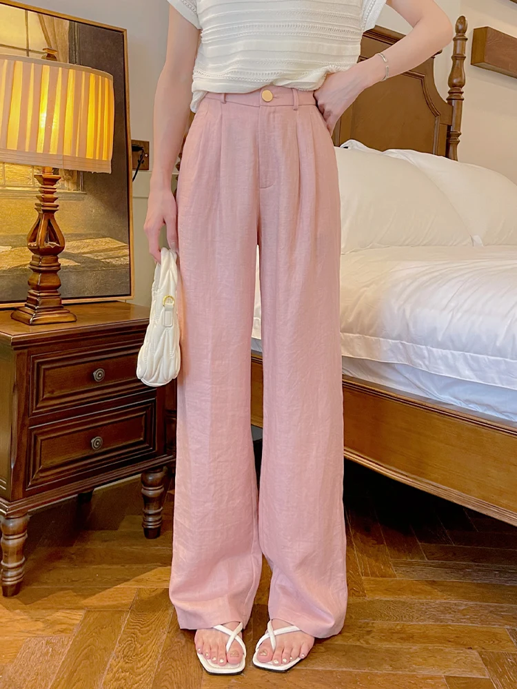 

Летние тонкие брюки с высокой талией, свободные, с защитой от солнца, прямые, женские, льняные, широкие, стройнящие, струящиеся брюки