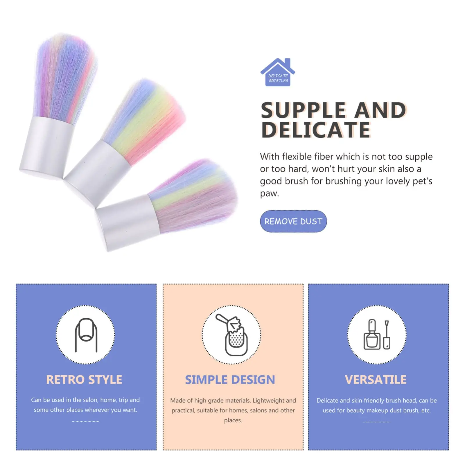 Yikoolin แปรงปัดฝุ่นหลากสี3ชิ้นสำหรับทำความสะอาดเล็บอะคริลิคสำหรับทำความสะอาดเล็บแปรงปัดฝุ่นประดิษฐ์แปรงปัดฝุ่น