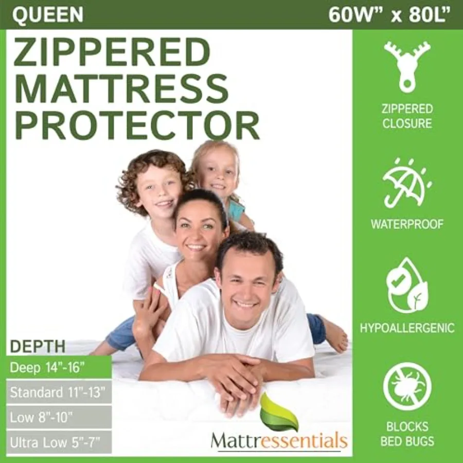

Zippered Mattress Protector 14"-16" Depth - Bed Bug Waterproof Mattress Cover, Premium Quality Hypoallergenic Encasement White