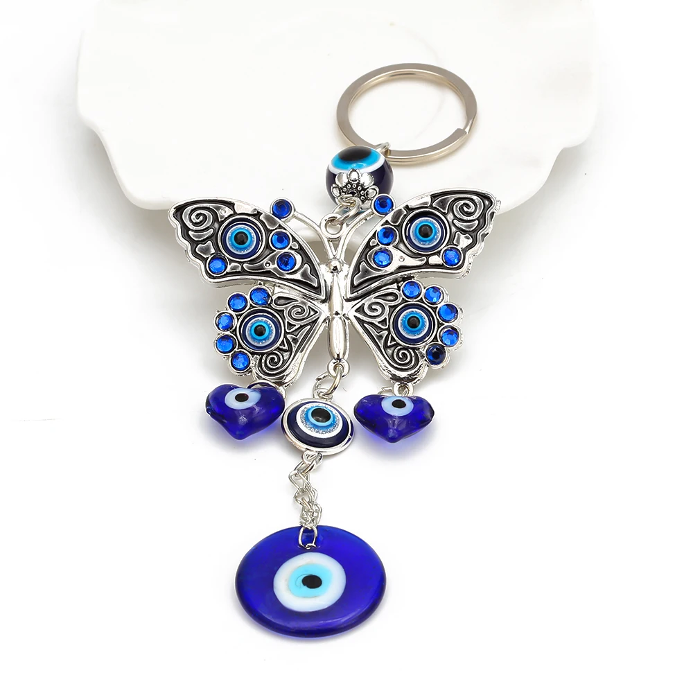 Lucky Eye Butterfly Pendant Wall Hanging Glass Heart Round Turkish Evil Eye Keychain Jewelry llavero porte clé מחזיק מפתחות