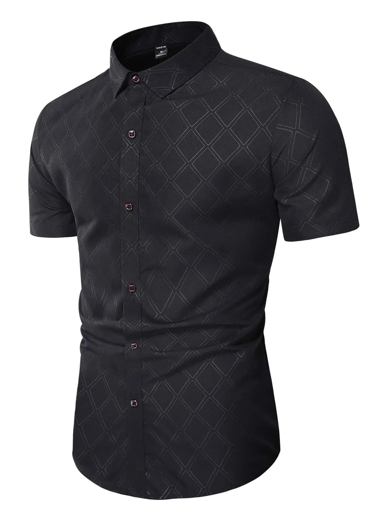 

Men's Black Short Sleeve Dress Shirt with Geometric Jacquard Pattern, Casual to Business Wear