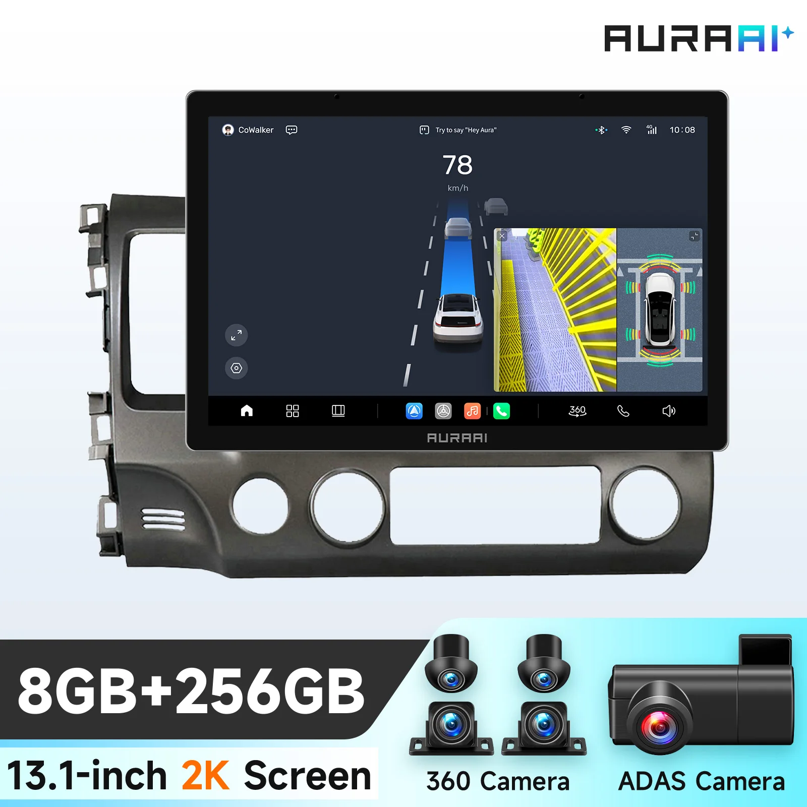 AURAAI X100 Autoradio für Honda Civic VIII Hatchback 2006 - 2011 Carplay Android Auto Intelligenter Bildschirm ADAS 360 Kamera AI Sprachsteuerung Head Unit