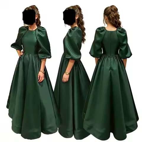 Vintage Juniors Bridesmaid Dress for Wedding Party Bubble Sleeves Pleated Satin Prom Dress Floor-Length Customized Evening Gown