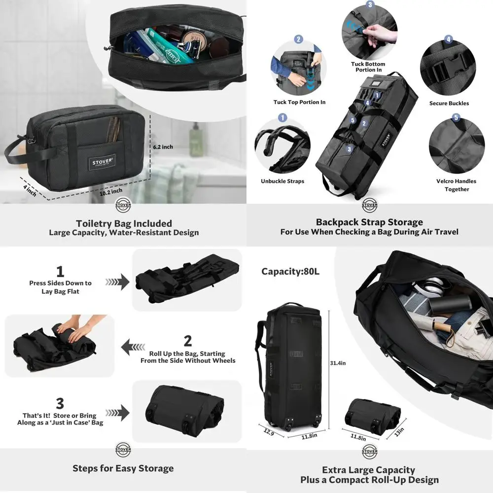 Large Rolling Duffel Bag with Wheels, Durable Travel Bag + Toiletry Bag, Packable, Heavy Duty, with Shoulder Straps - Unisex (Bl