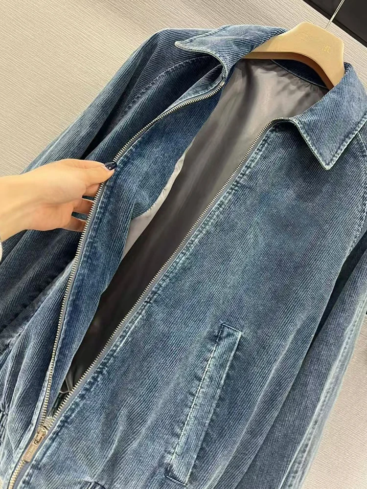 Veste en jean à jambe droite en velours côtelé pour femme, cardigan à fermeture éclair, rétro, assressenti, nouvelle mode, designer, printemps, 2025