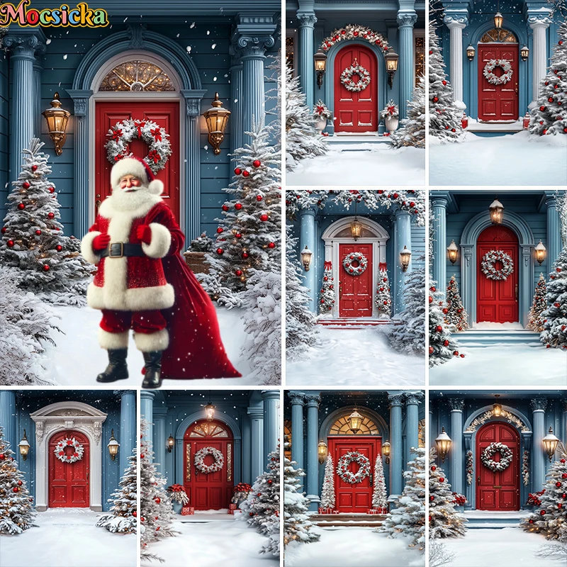 

Winter Christmas Yard Photography Background Wooden Door Xmas Tree Decor Holiday Party Family Portrait Photo Backdrop Studio