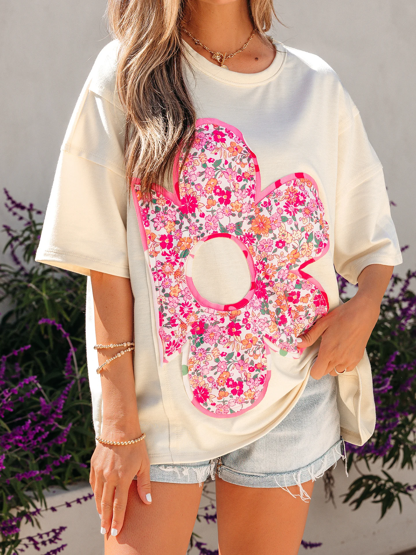 DearLover Fashionable Loose round Neck Short Sleeve T-Shirt Women's Floral Splicing Color Block Summer New Arrival Casual Wear