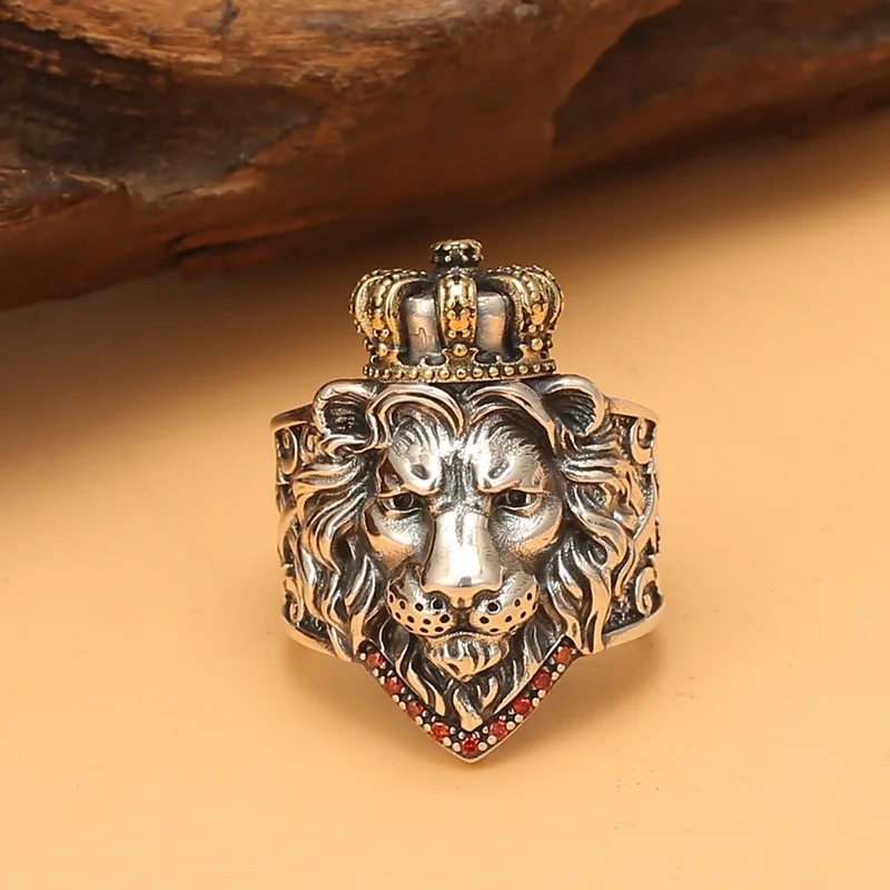 S925 خاتم فضة استرليني تاج خاتم الأسد التصميم الأصلي أزياء الهيب هوب على طراز الهيب هوب #4