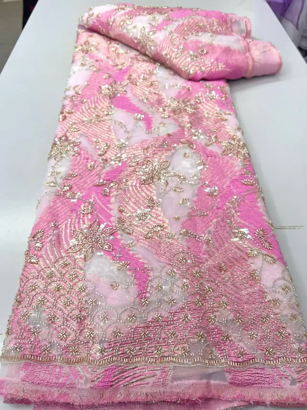 Luxury African Beaded Mesh Lace Fabric High Grade French Nigerian Sequins Embroidery Tulle Lace for Sewing Party Dresses Sewing