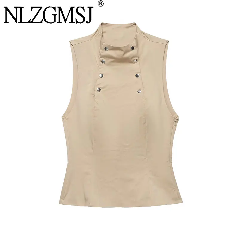 NLZGMSJ 2026 Frühling Sommer Schicke Damen-Tops Ärmellos mit Stehkragen Doppelknopfverschluss Schlanke Damenweste