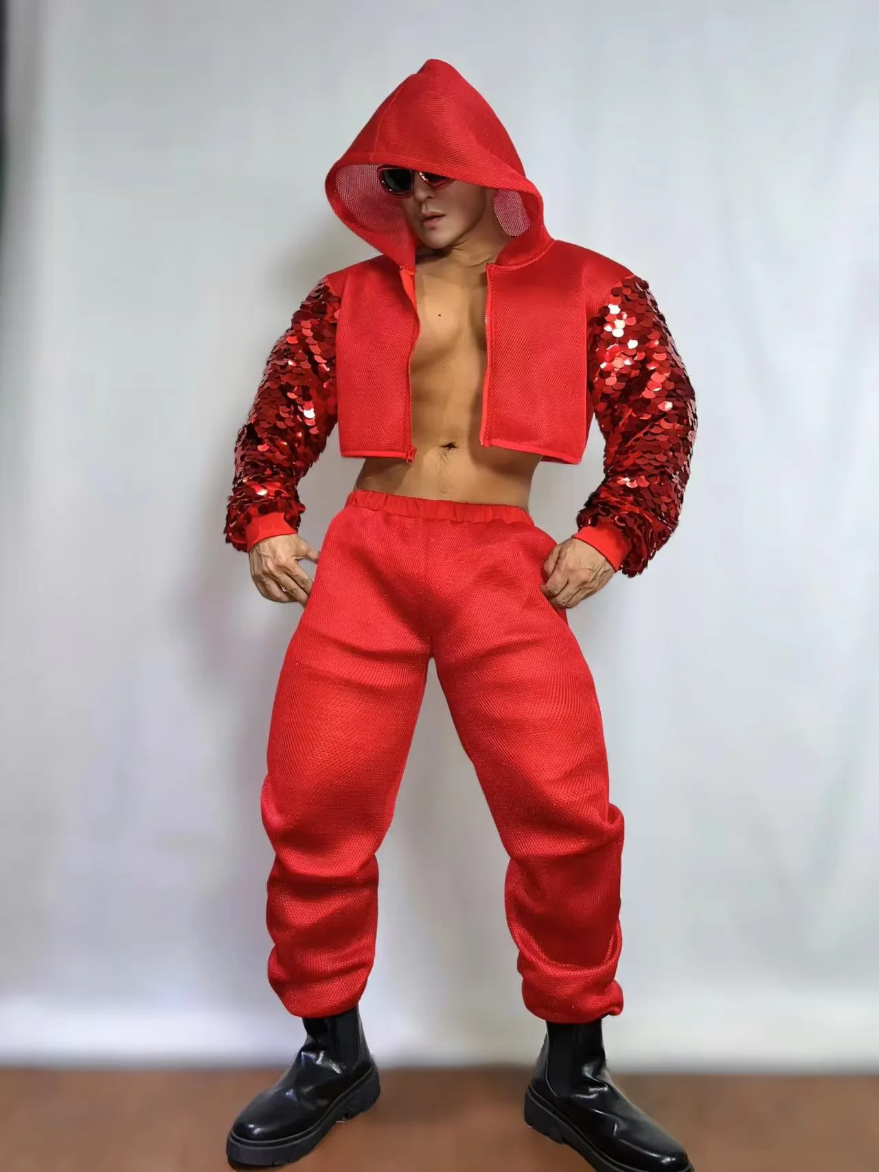 Men's Sexy Red Sequins Jazz Hip Hop Suits Nightclub Bar male Singer Gogo Dance Costumes