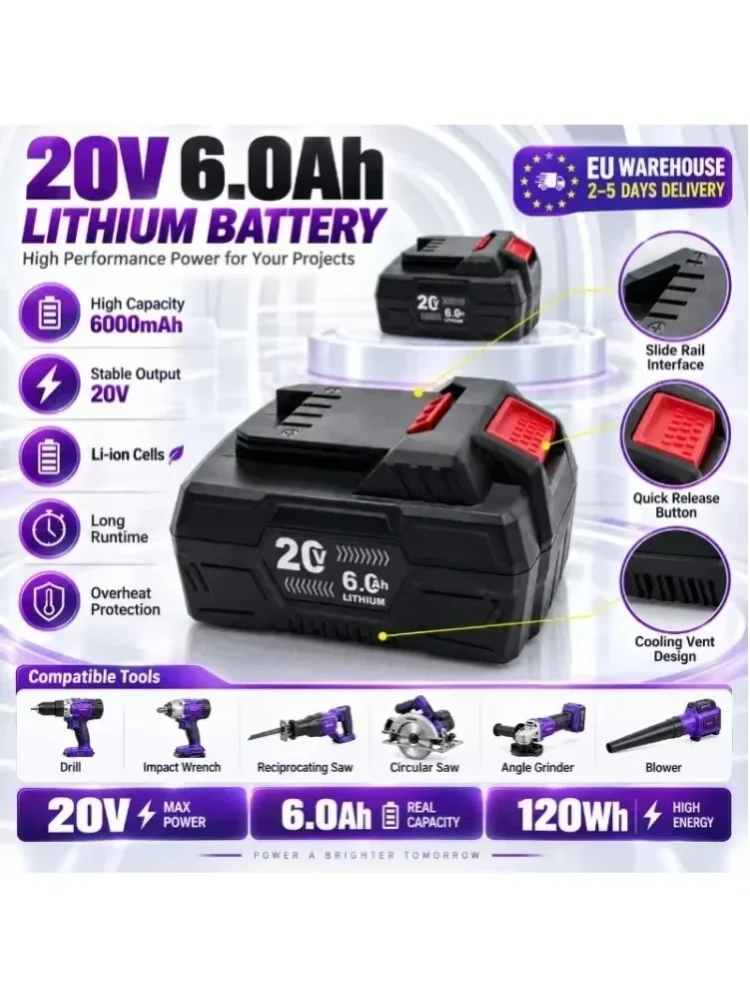 20V MAX 6Ah Li-Ion Ersatzakku, hohe Kapazität, Mehrfach-Sicherheitsschutz für 20V Akku-Werkzeuge