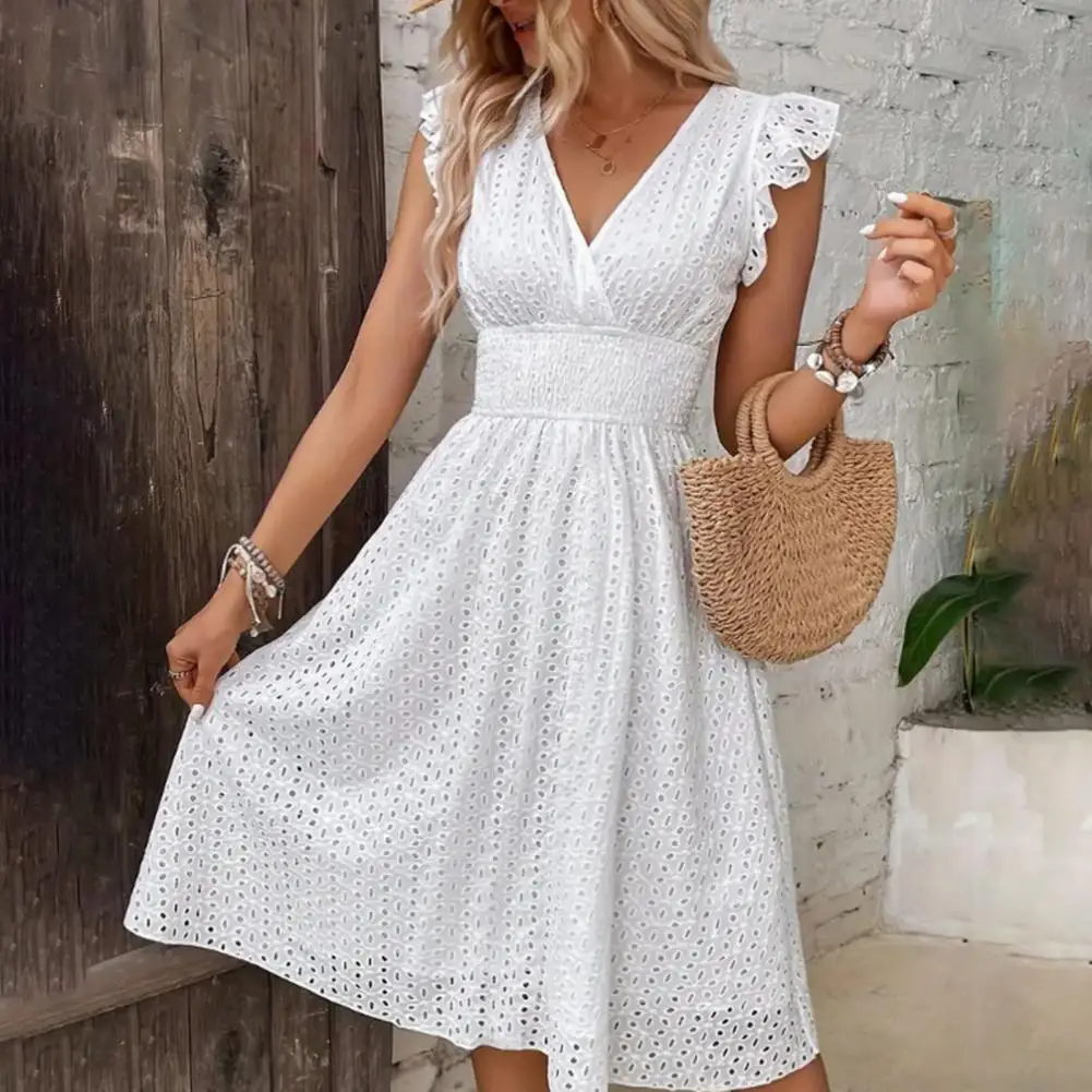 

V-neck A-line Dress Elegant Ruffle Midi Dress with V Neck Elastic Waist for Women A-line Cutout Design for Dating Shopping