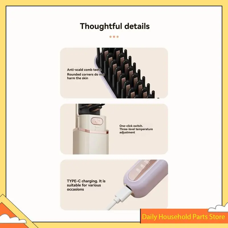 【Gran venta】Mini peine caliente negativo, cepillo alisador portátil inalámbrico, alisador de pelo para mujeres C