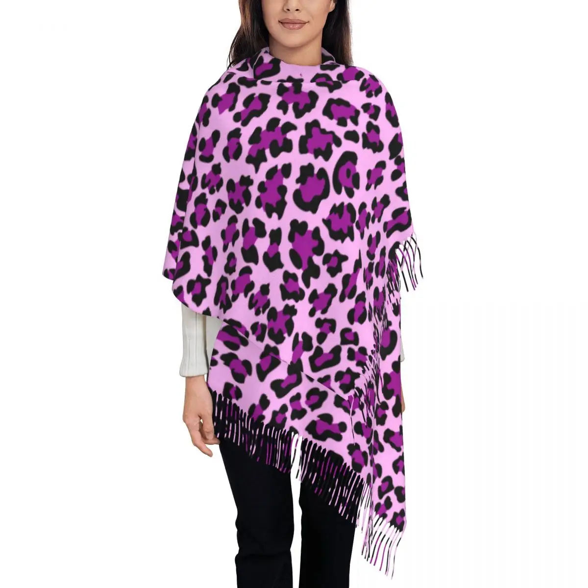 Bufandas grandes y bonitas con estampado de leopardo púrpura para mujer, chal grueso y cálido con borlas para invierno y otoño, bufanda sin costuras con animales