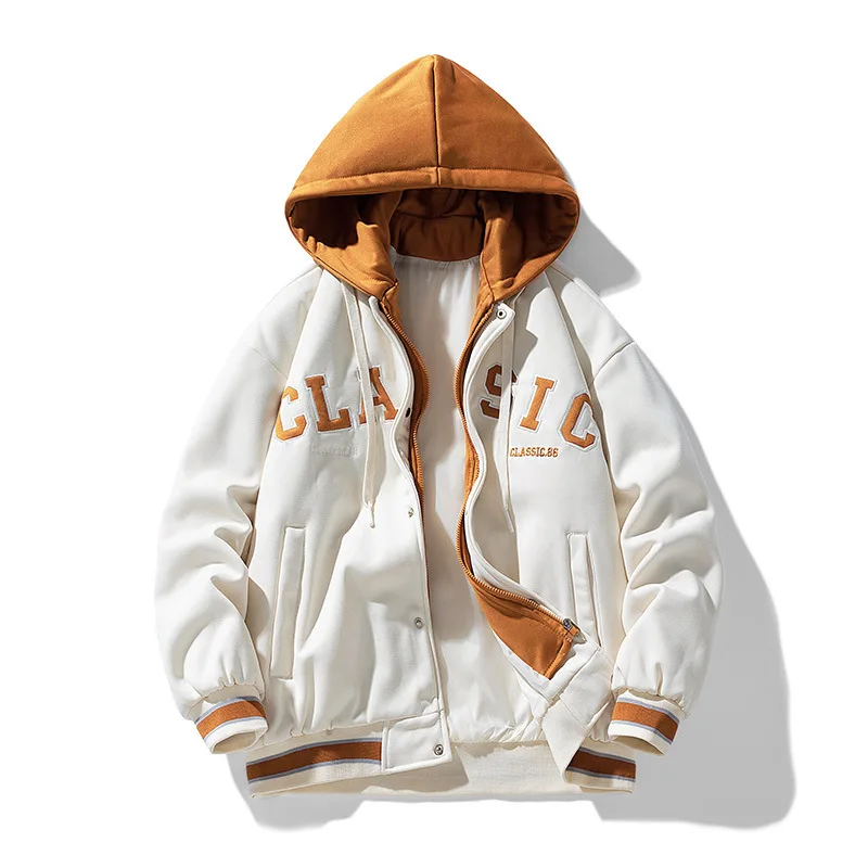 Casual Embroidery Mens Trendy Fake Two-Piece Hooded Bread Suit Couple Padded Jackets And Coats Hip Hop Hooded Baseball Uniform