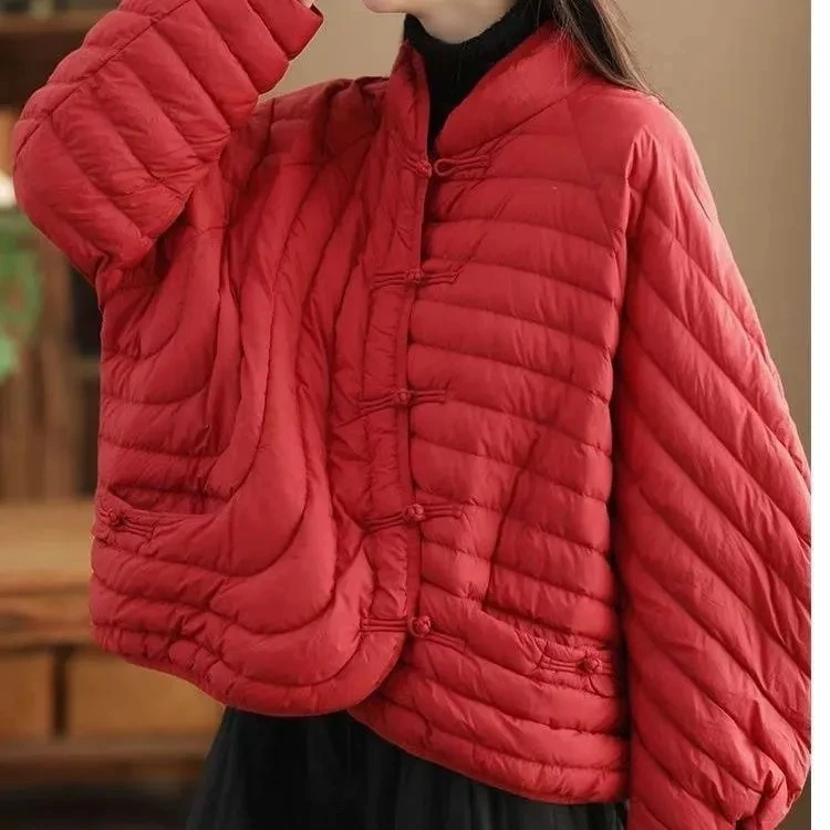 Women Winter 90% White Duck Down Jacket Chinese Style Light Winter Down Jacket Stand Collar Loose Warm Parkas Coat Oversize Coat