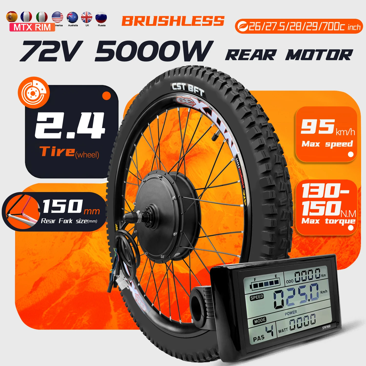 

Комплект для переоборудования электровелосипеда MTX39: бесщеточный мотор-колесо 72В 5000Вт для задней оси, дропаут 150мм, с шиной 2.4 дюйма