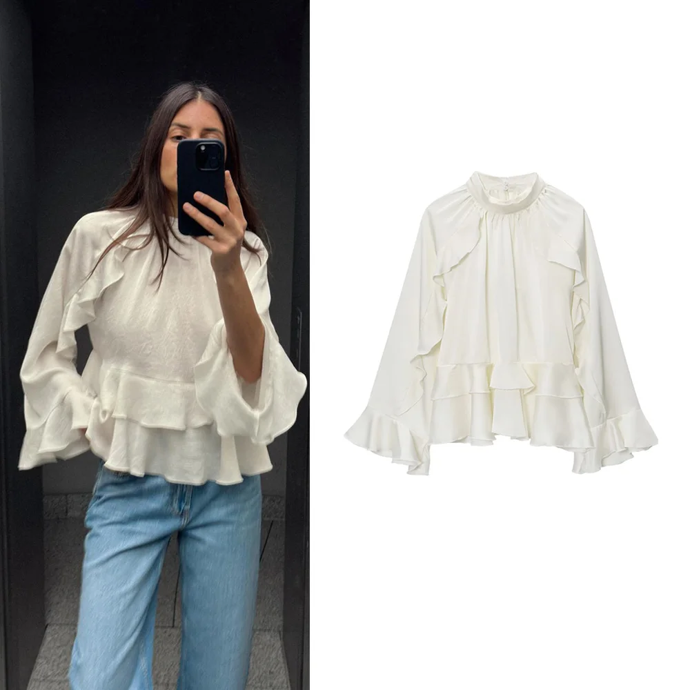

2025 элегантная белая блузка с рюшами и длинными рукавами, воротник-стойка, рубашка с рюшами для женщин, весна-лето, шикарные женские пуловеры, топы