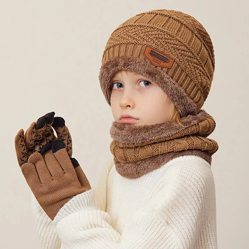 4Pcs Winter Kids Beanie Hat Scarf Gloves Plush Lining Warm Children Knitted Hats Set Non Slip Gloves Neck Warmer Child Cap 4-10Y