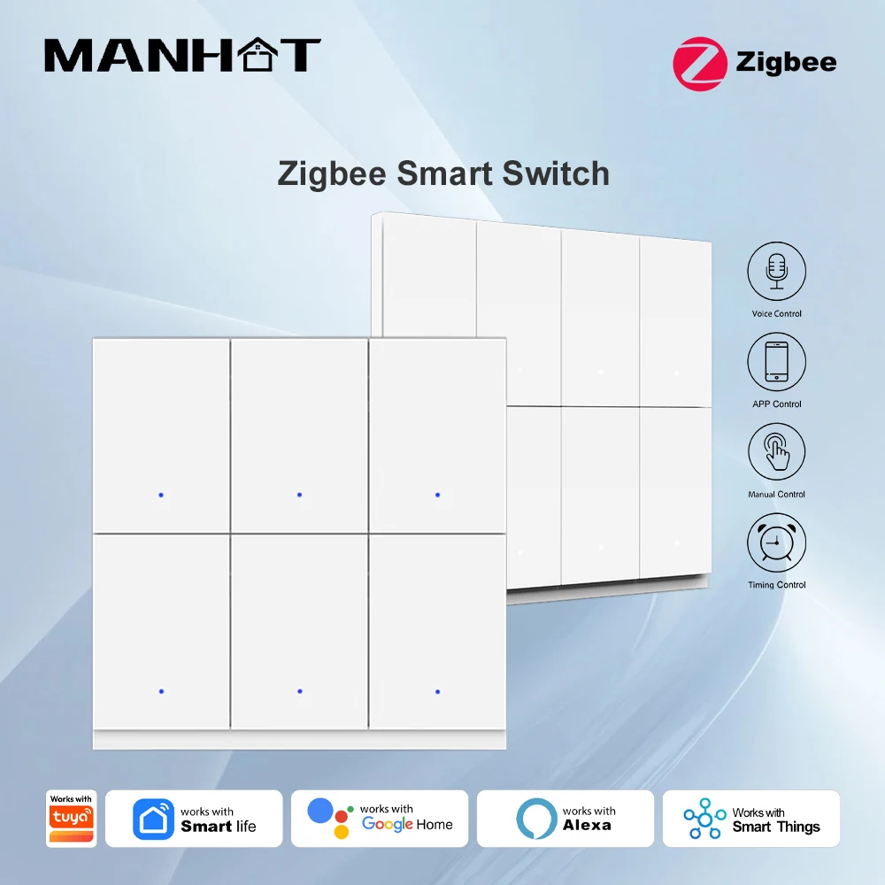 MANHOT Zigbee Smart Wall Light Switch US Push Button 6-8 Gangs Voice Control Work with Smart Life Alexa Google Home Smart Things