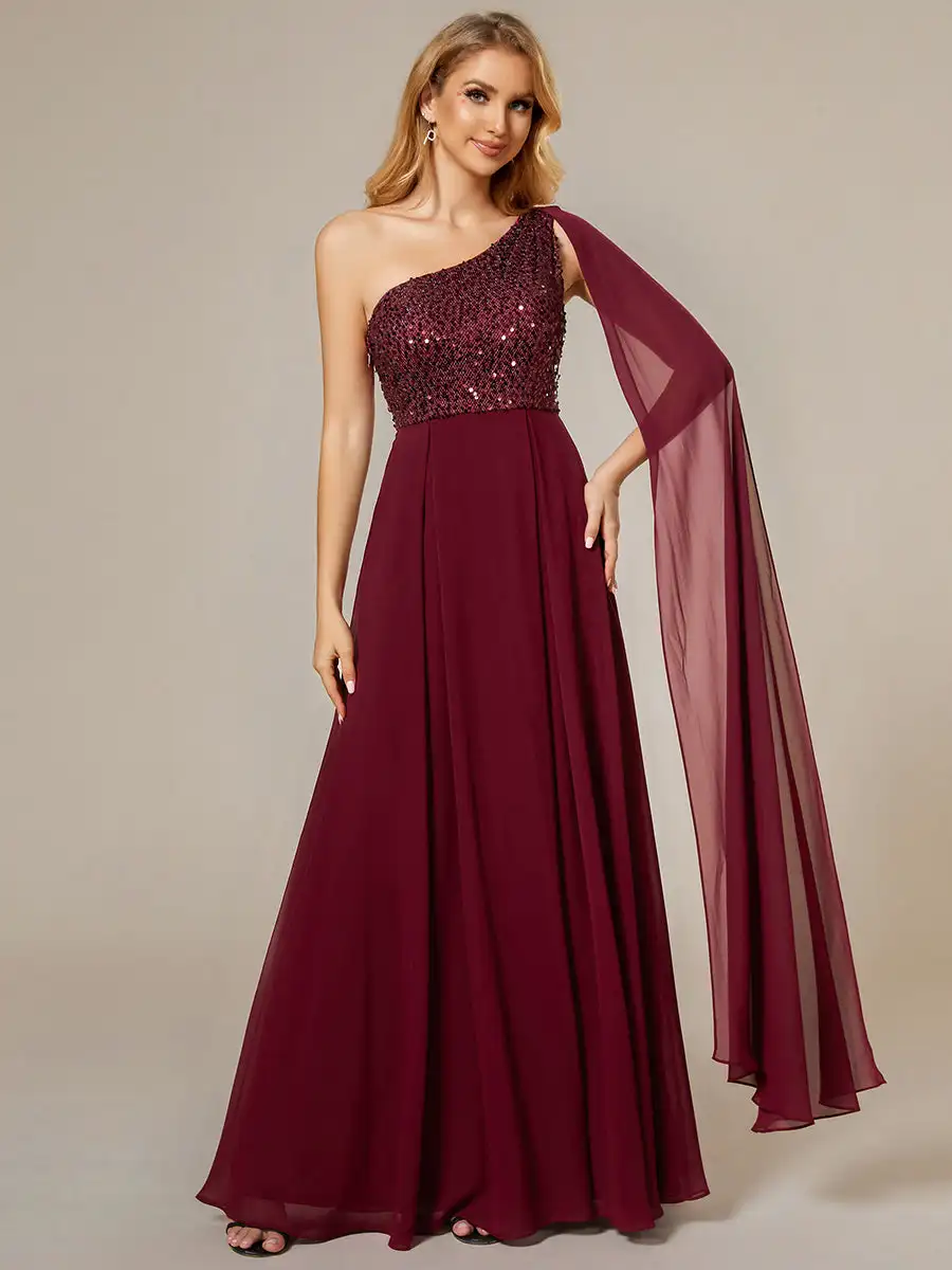 Elegant Evening Dresses Bodice One Shoulder Sleeveless Shiny Sequin 2024 Ever pretty of A-Line Chiffon Burgundy Bridesmaid dress